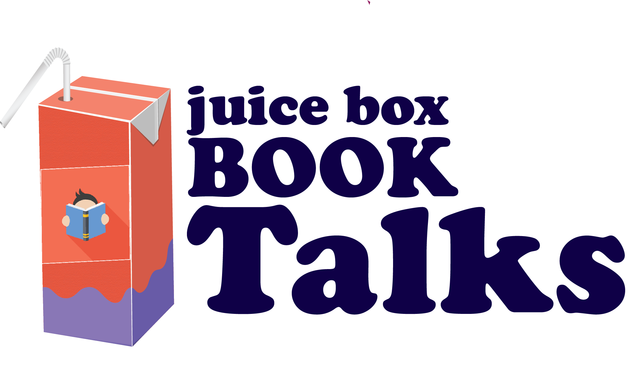 Cartoon image of juice box with a logo that looks like a child reading
